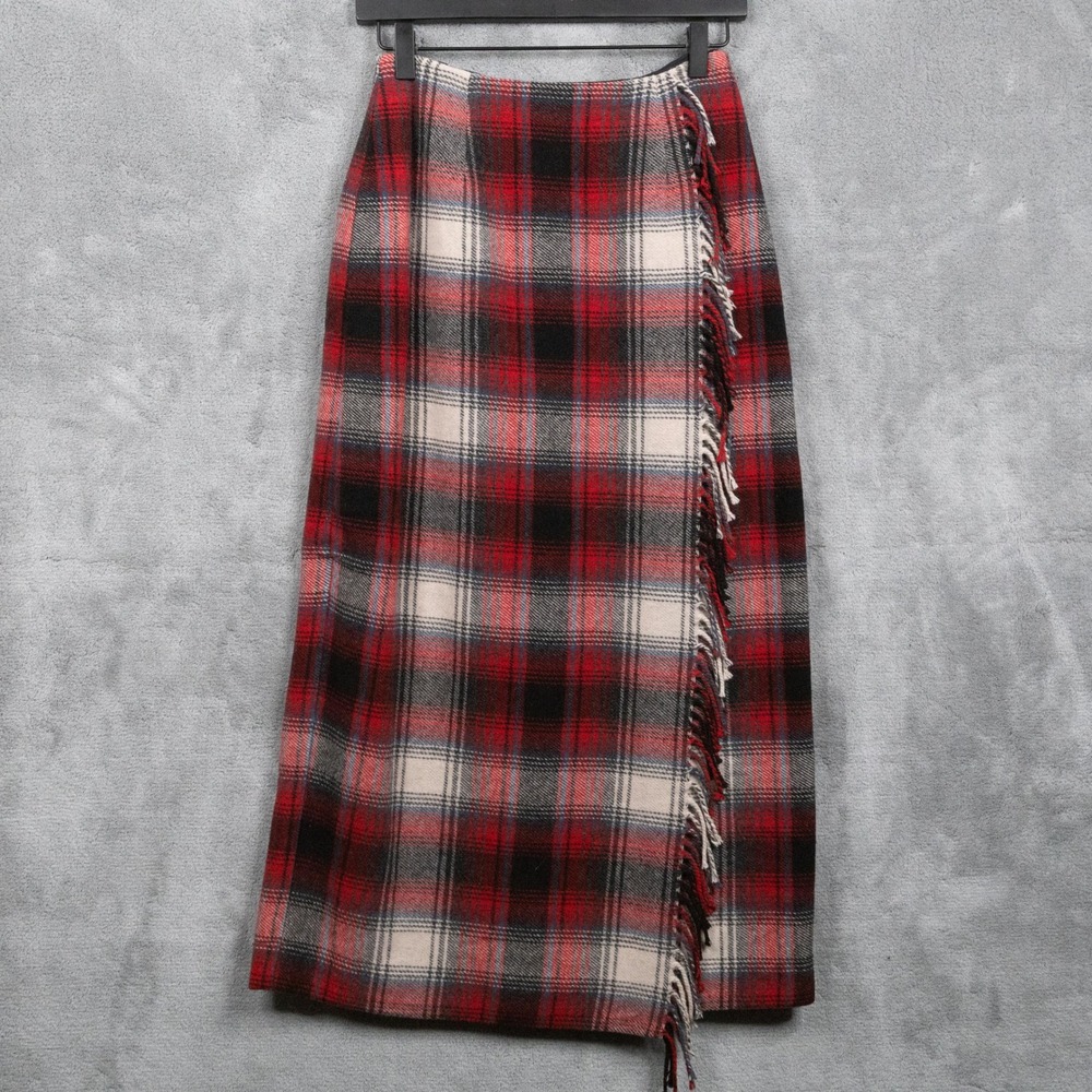 TALBOTS Wool Flannel Blanket Fringe Faux Wrap Midi Skirt Plaid Red Sz XS